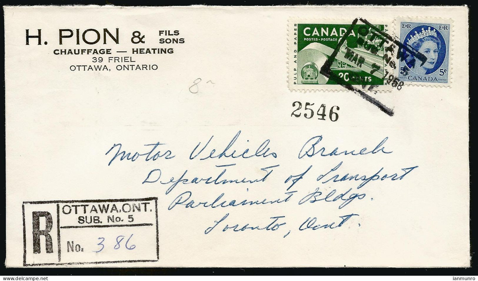 1958 Registered Cover 25c Wilding Paper MOTO Ottawa Sub No 5 Ontario House Of Assembly - Postgeschiedenis