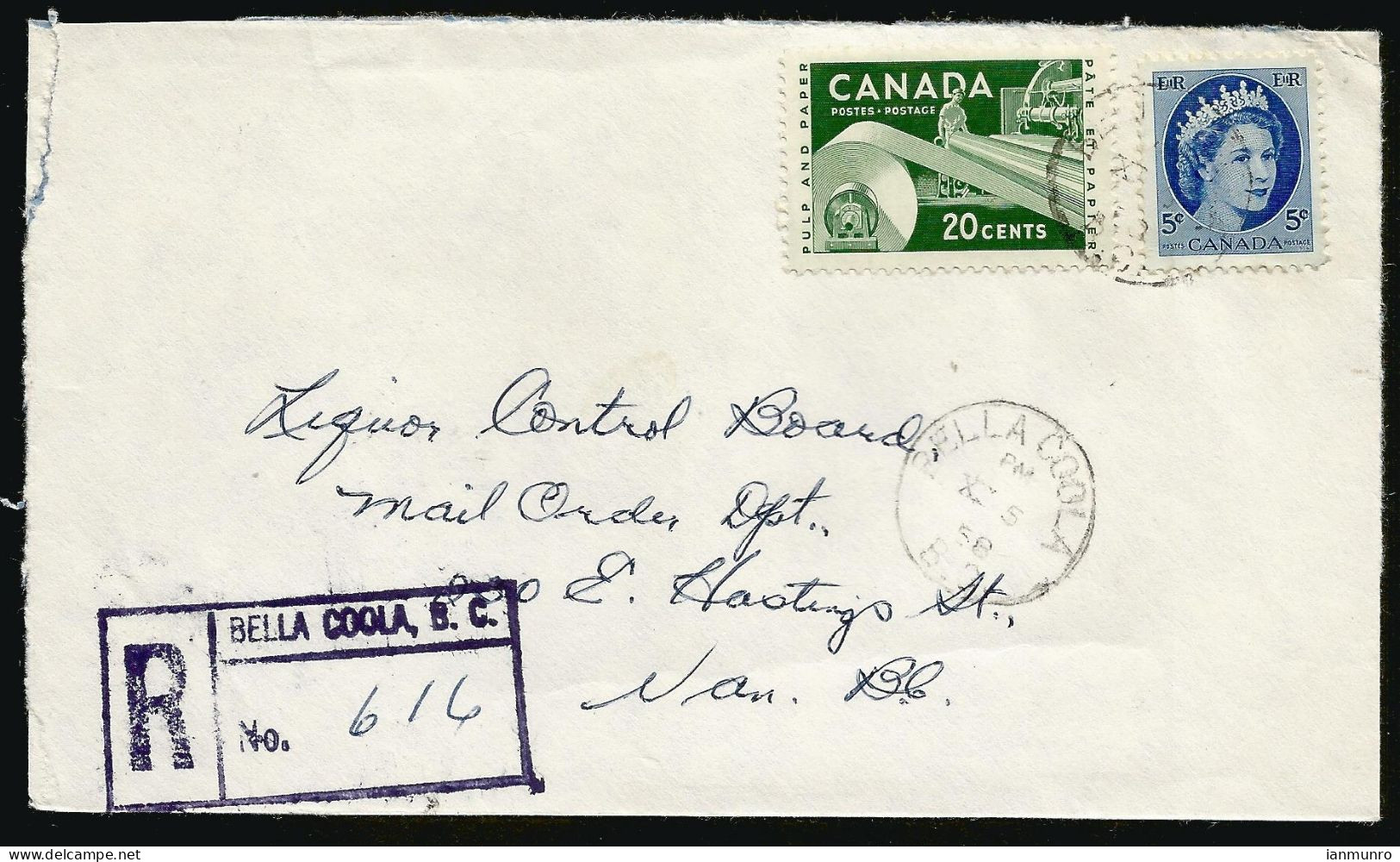 1958 Registered Cover 25c Wilding Paper CDS Bella Coola BC To Vancouver - Histoire Postale