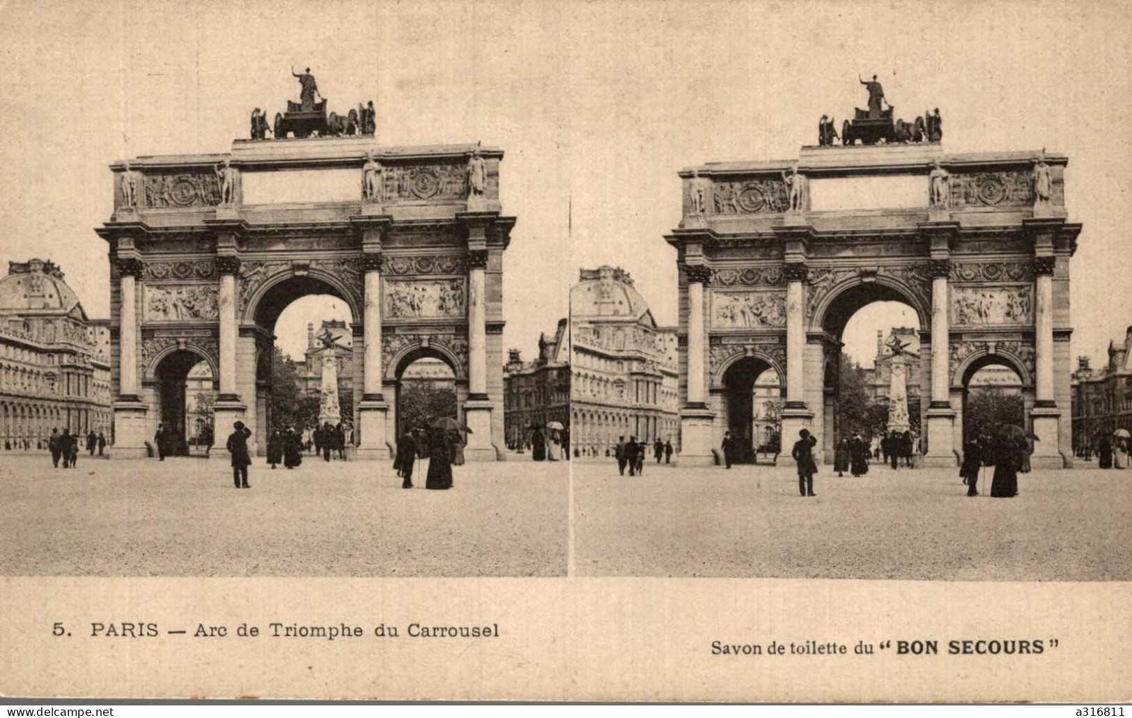 Carte Postale Vue Stéréoscopique Julien Damoy Paris Arc De Triomphe Du Carrousel (savon De Toilette Du Bon Secours) - Cartes Stéréoscopiques