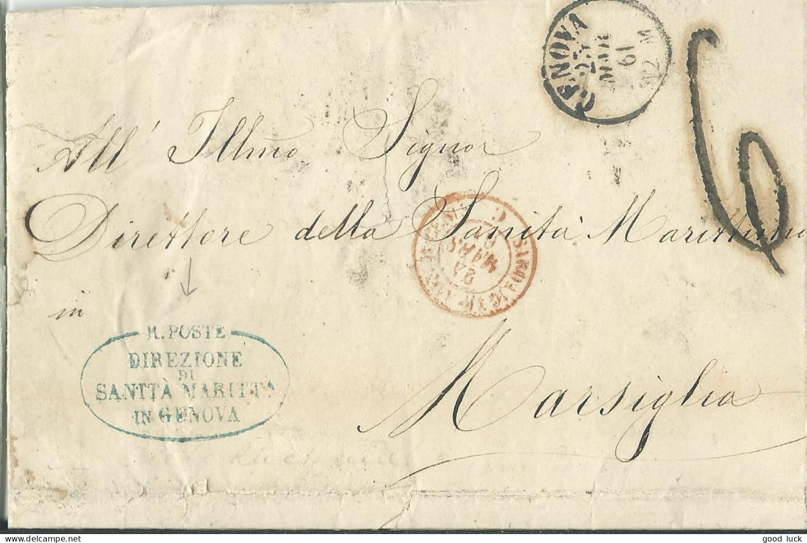 ITALIE  MARQUE GENOVA ( GENES ) POUR MARSEILLE ( BOUCHES DU RHONE ) + CACHET ROUGE D' ENTREE DE 1861   LETTRE COVER - Non Classés