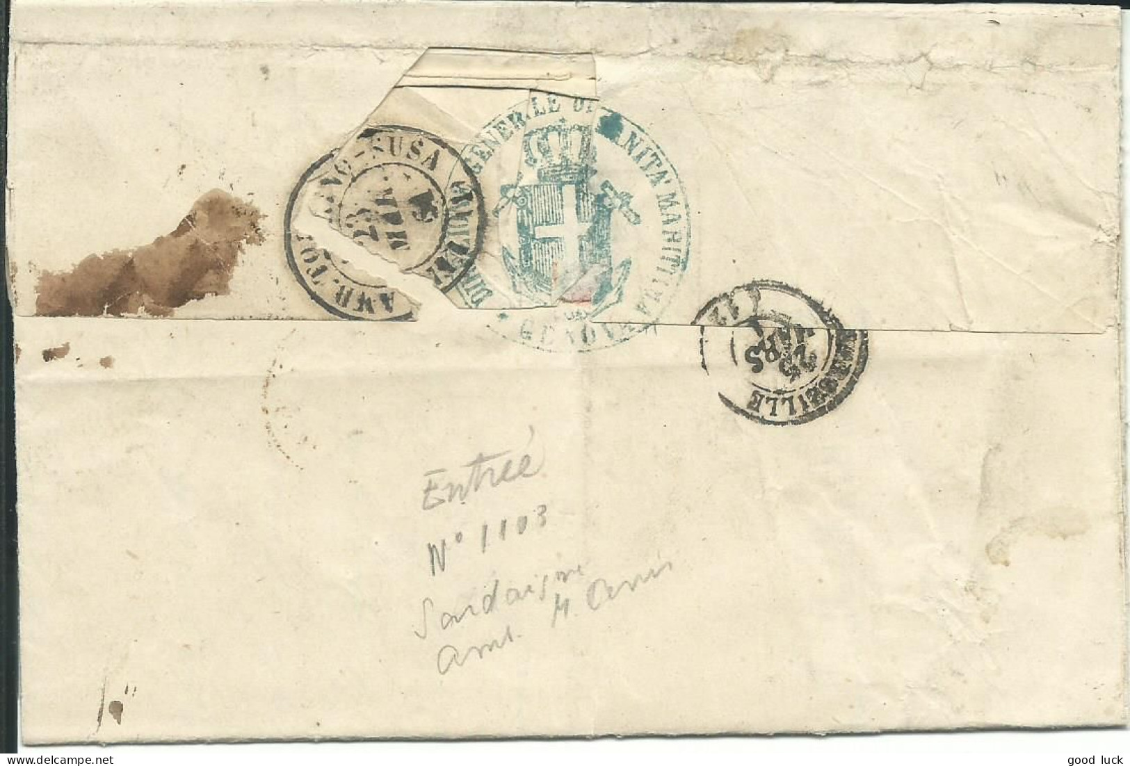 ITALIE  MARQUE GENOVA ( GENES ) POUR MARSEILLE ( BOUCHES DU RHONE ) + CACHET ROUGE D' ENTREE DE 1861   LETTRE COVER - Sin Clasificación