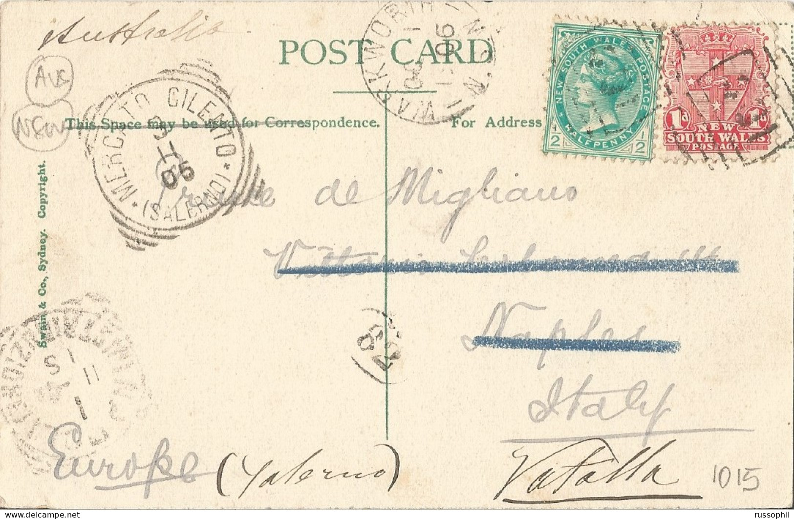 AUSTRALIA NSW - FRANKED PC (VIEW OF SYDNEY) FROM WARKWORTH TO ITALY - BARRED NUMERAL CANCEL 401 - 1905 - Covers & Documents