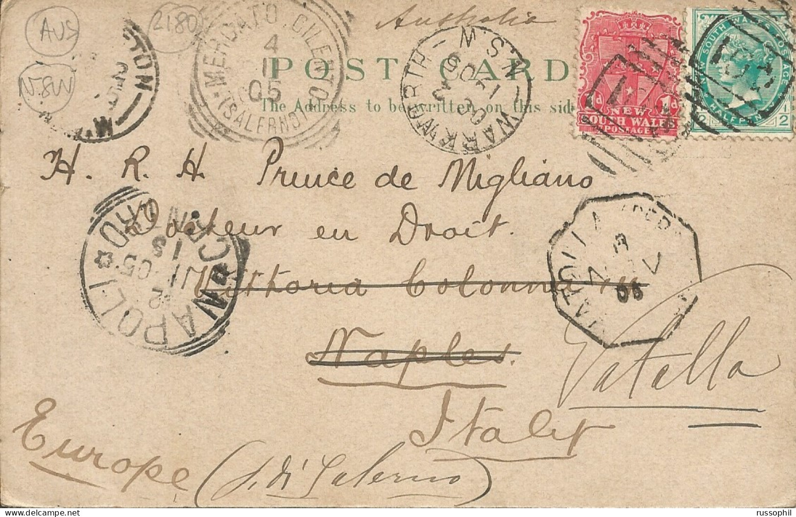 AUSTRALIA NSW - FRANKED PC (VIEW OF BLUE MOUNTAIN) FROM WARKWORTH TO ITALY - BARRED NUMERAL CANCEL 401 - 1905 - Covers & Documents