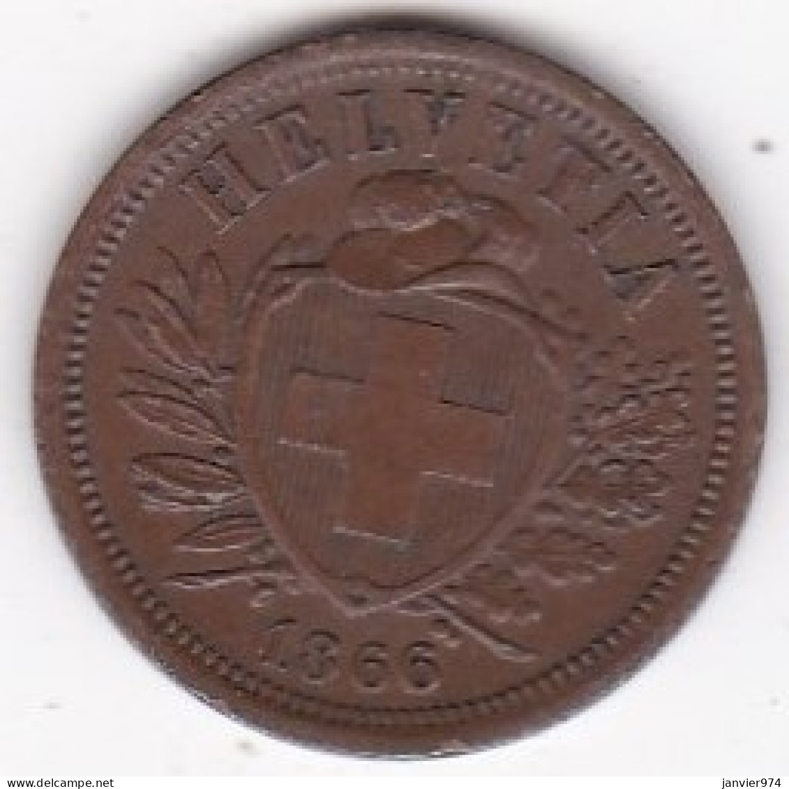 Suisse 2 Rappen 1866 B , En Bronze , KM# 4 - 2 Centimes / Rappen