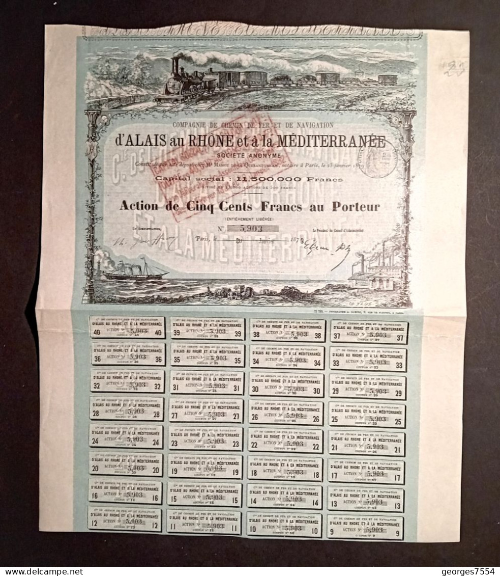 CHEMIN DE FER - ALAIS AU RHONE ET A LA MEDITERRANEE  - ACTION DE 500 FR.  1879 - Chemin De Fer & Tramway