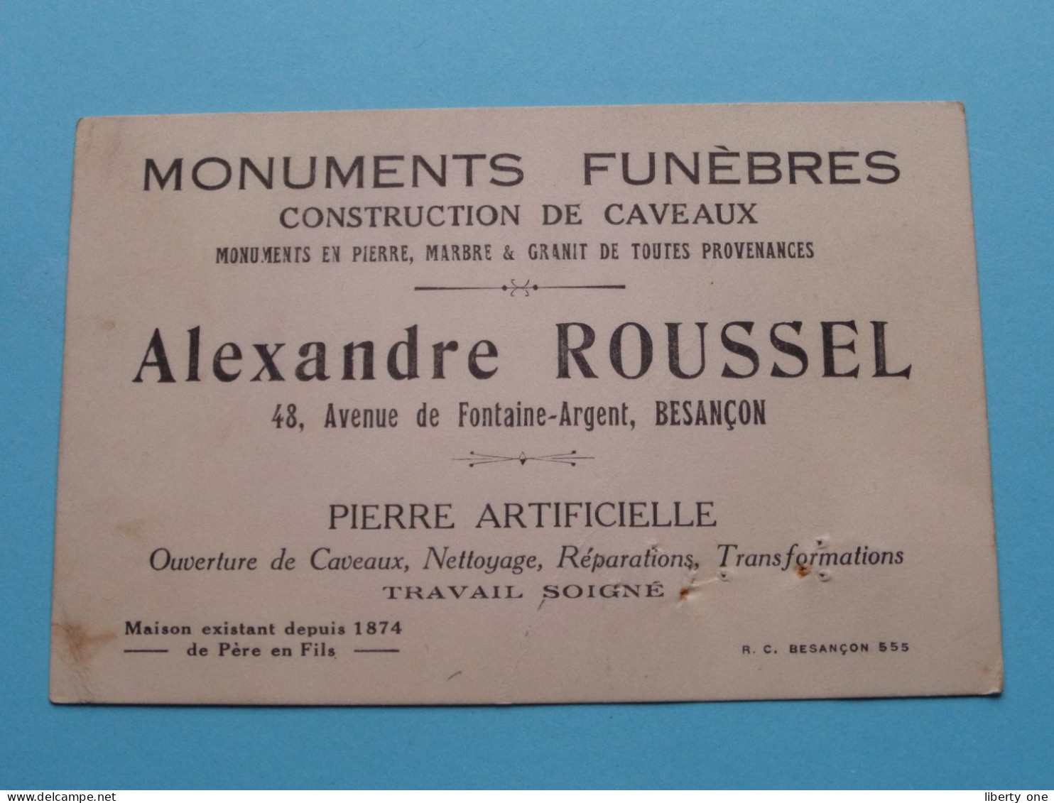 Monuments Funèbres " Alexandre ROUSSEL " à Besançon ( Zie / Voir SCAN ) La FRANCE ! - Cartes De Visite