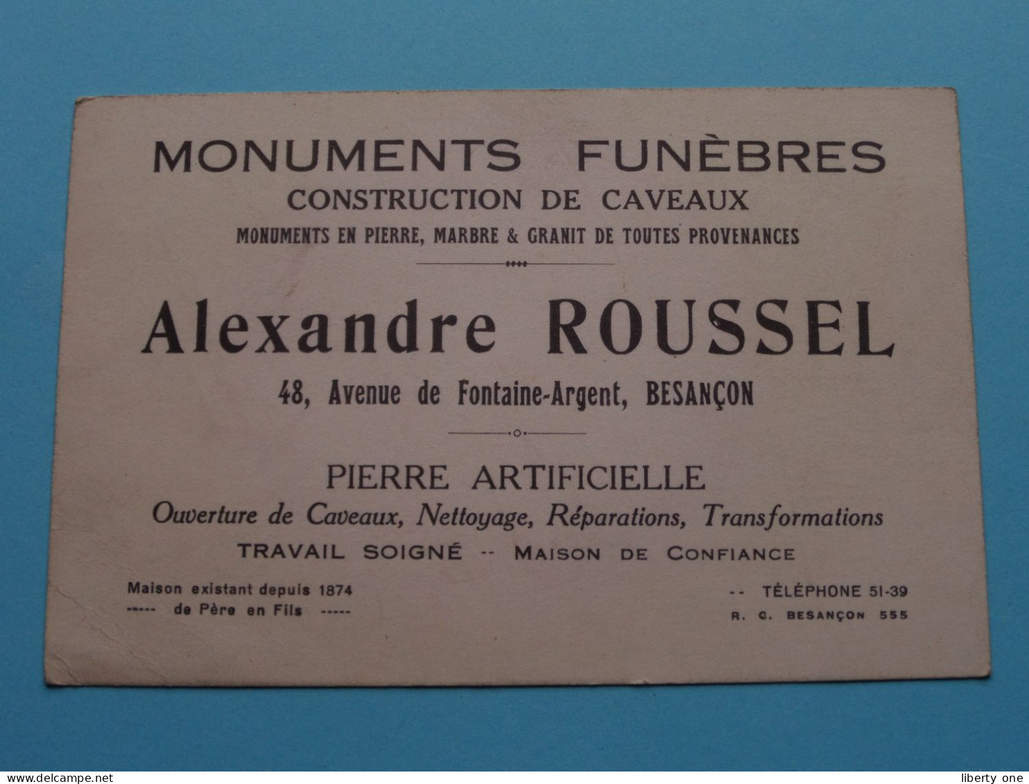 Monuments Funèbres " Alexandre ROUSSEL " à Besançon ( Zie / Voir SCAN ) La FRANCE ! - Cartes De Visite