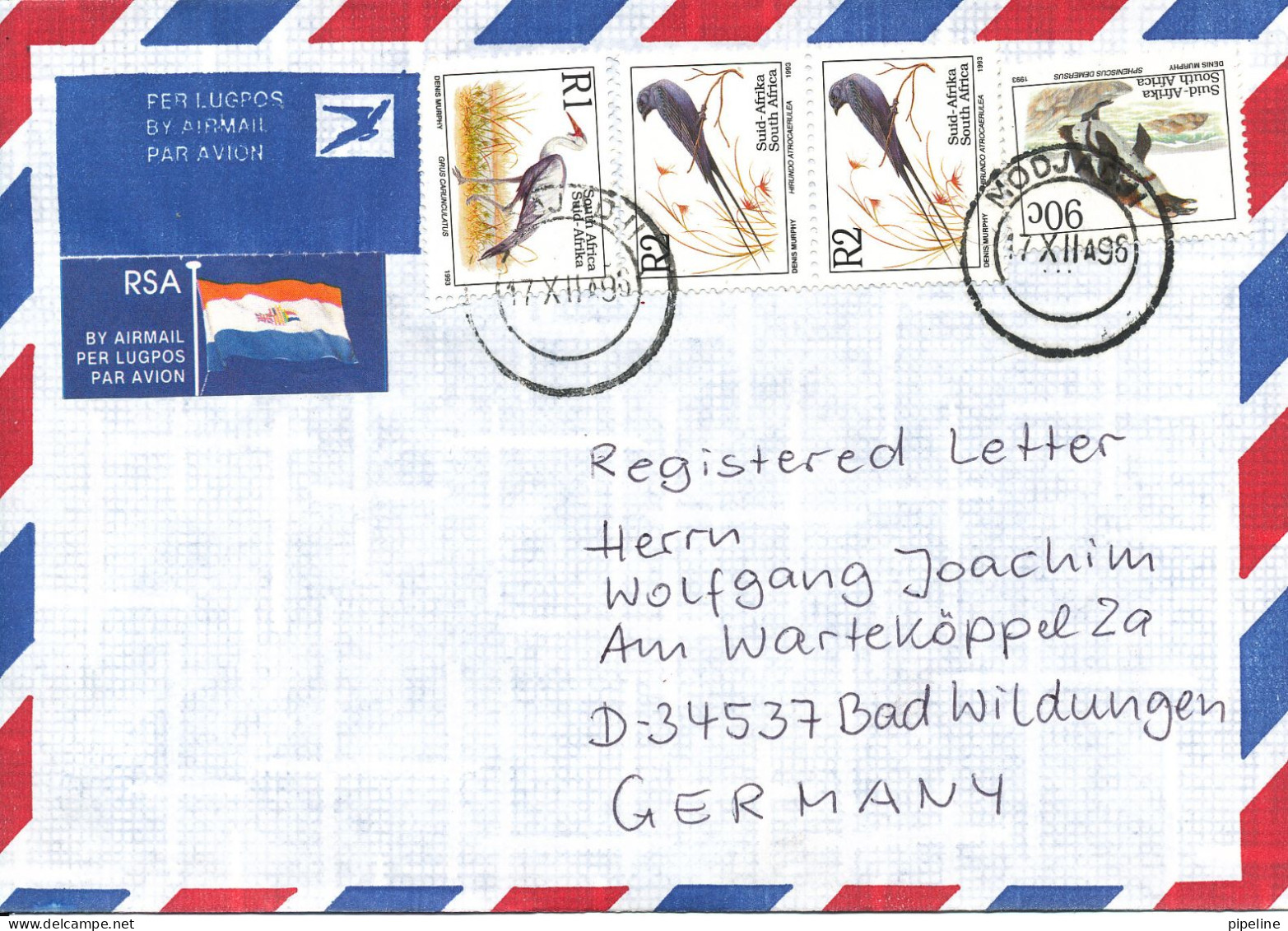 South Africa Registered Air Mail Cover Sent To Germany Modjadji 17-12-1996 Topic Stamps BIRDS - Storia Postale