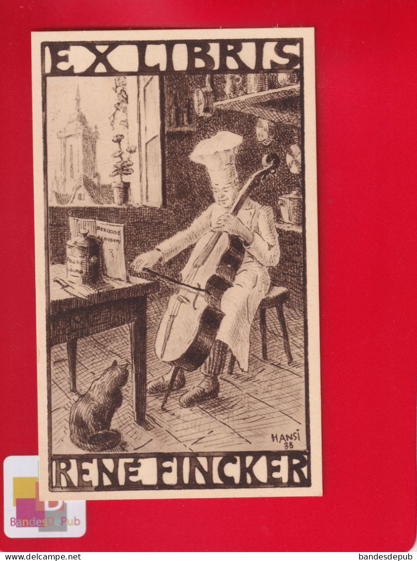 Rare Ex Libris René Fincker Illustrateur Hansi 1938 Cuisinier Violoncelle Chat Berceuse Schubert - Ex-libris