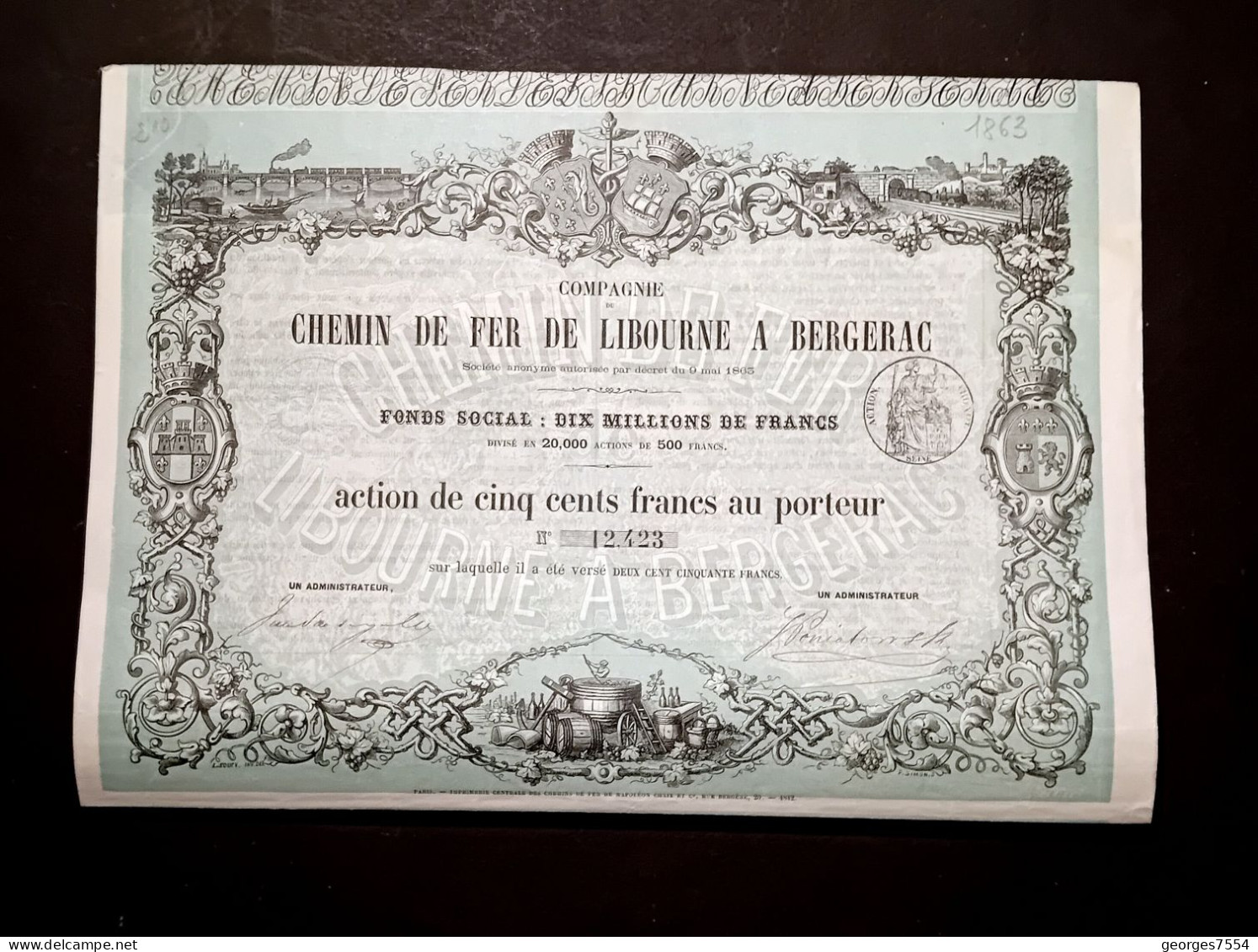COMPAGNIE DES CHEMIN DE FER - DE LIBOURNE A BERGERAC - ACTION DE 500 FR. 1865 - Chemin De Fer & Tramway