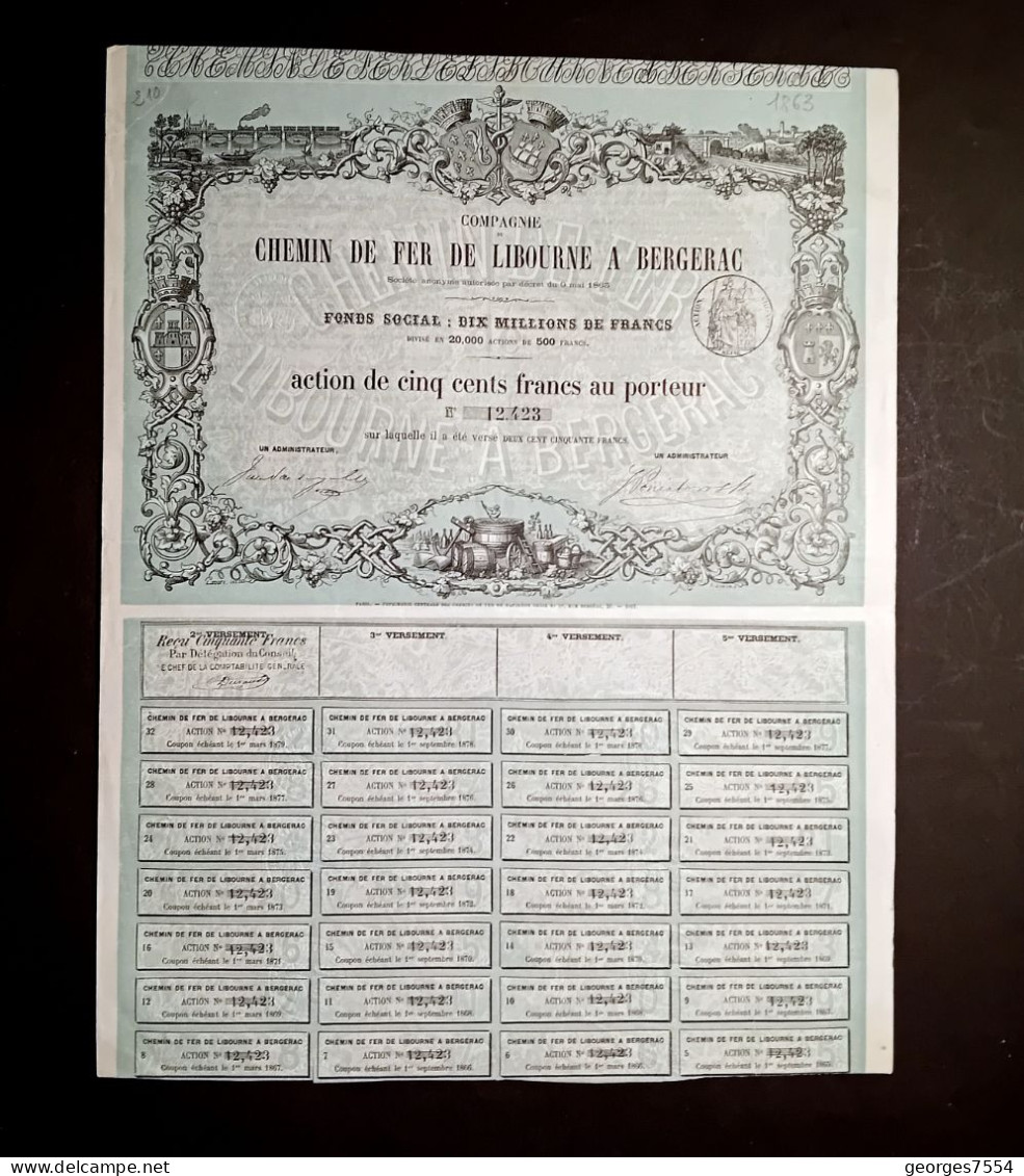 COMPAGNIE DES CHEMIN DE FER - DE LIBOURNE A BERGERAC - ACTION DE 500 FR. 1865 - Chemin De Fer & Tramway