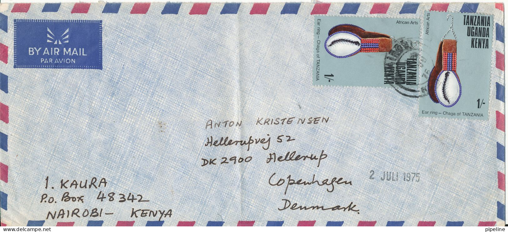 Kenya Uganda Tanzania Air Mail Cover Sent To Denmark 1975 (the Cover Is Bended) - Kenya, Uganda & Tanzania