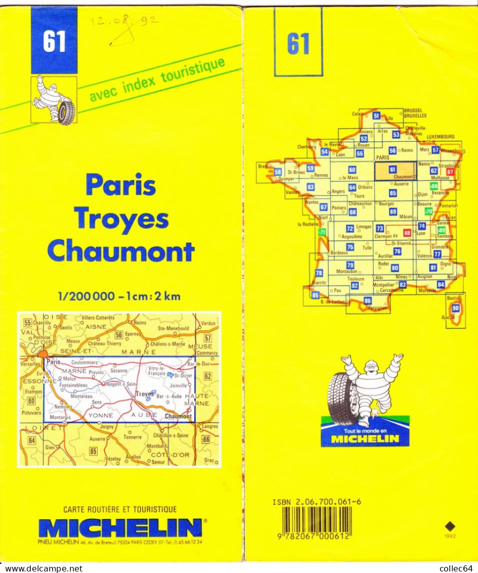 Carte Michelin N°61 -  PARIS - Troyes - CHAUMONT (1992) - Cartes Routières