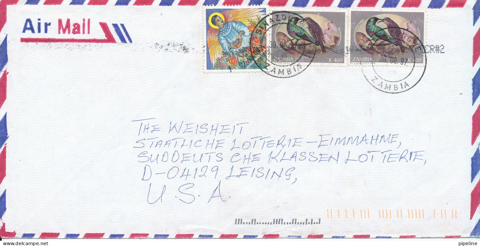 Zambia Air Mail Cover Sent To Germany 30-8-1997 BIRDS - Zambia (1965-...)