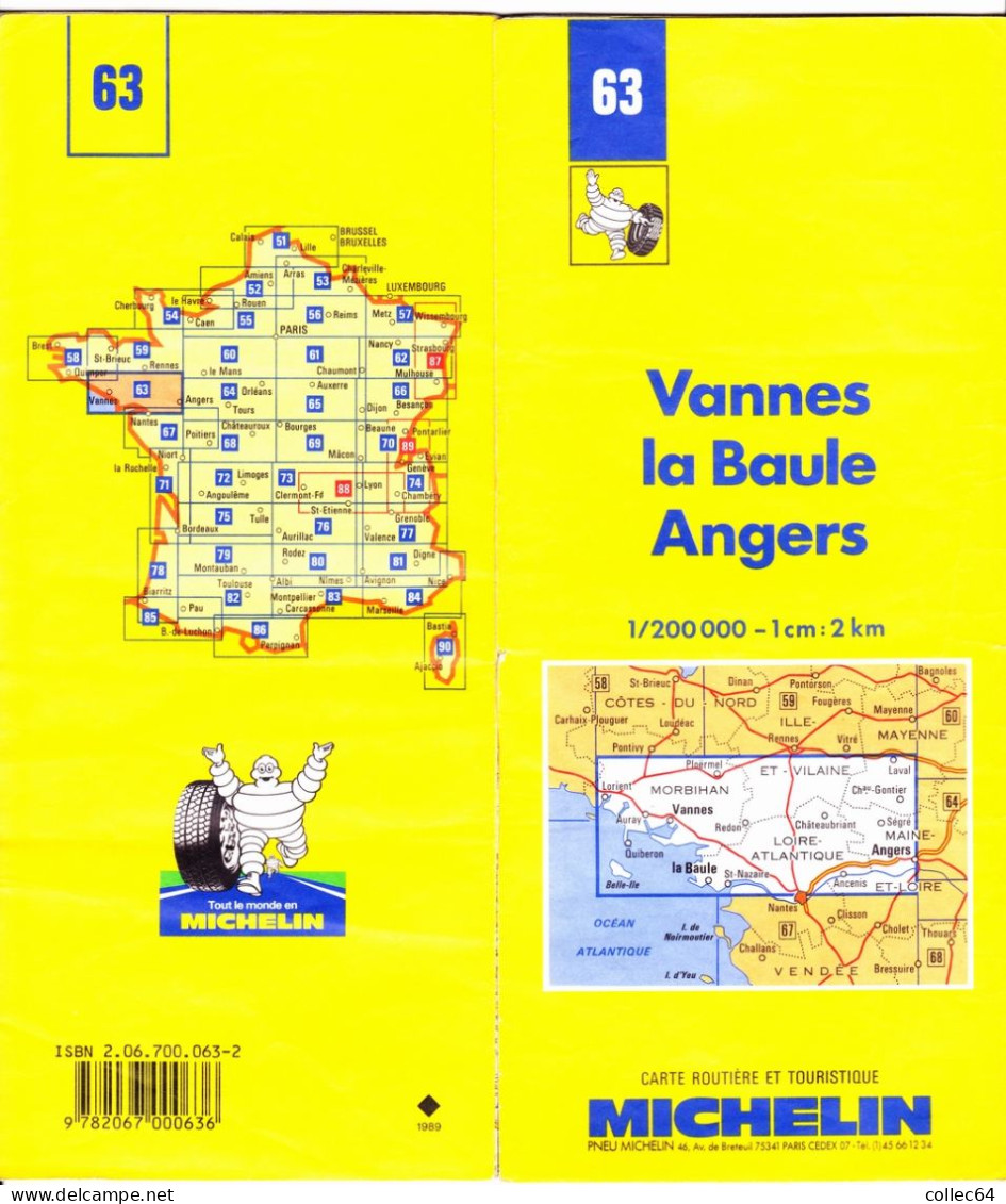 Carte Michelin N°63 - VANNES - La Baule - ANGERS (1993) - Cartes Routières