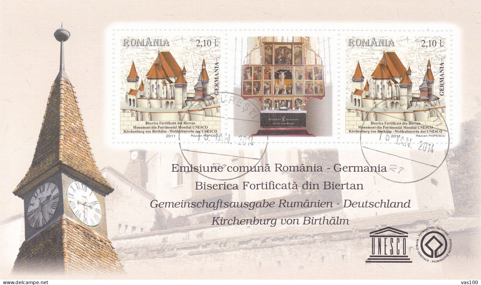 2011 - Romania  - Biertan Fortress-church - UNESCO Legacy - Souvenir Sheet Of 2 Stamps And Central Label,used - Gebruikt