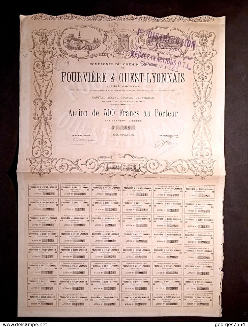 COMPAGNIE DES CHEMIN DE FER - DE FOURVIERE &OUEST-LYONNAIS  - ACTION DE 500 FR. 1883 - Chemin De Fer & Tramway