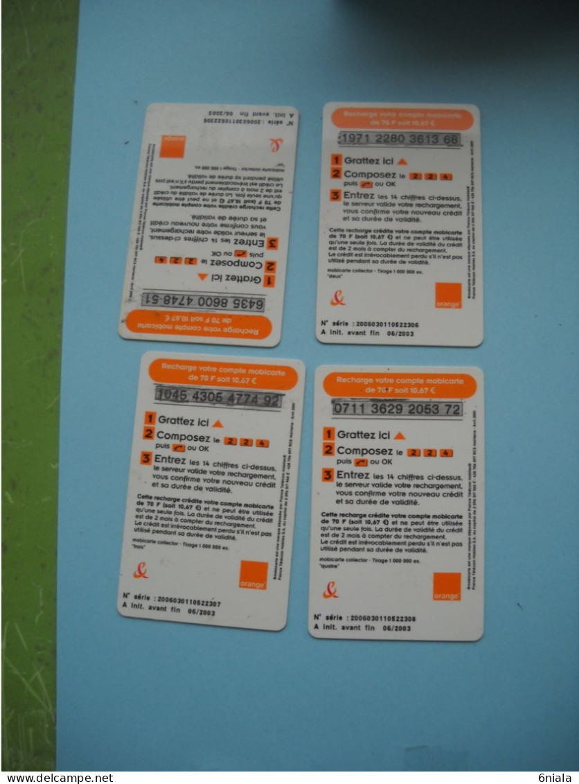 7675 Lot De 4 Télécartes  MOBICARTE RECHARGE 70 ORANGE  UN DEUX TROIS QUATRE  ( 2 Scans)  Carte Téléphonique - Kaarten Voor De Telefooncel (herlaadbaar)