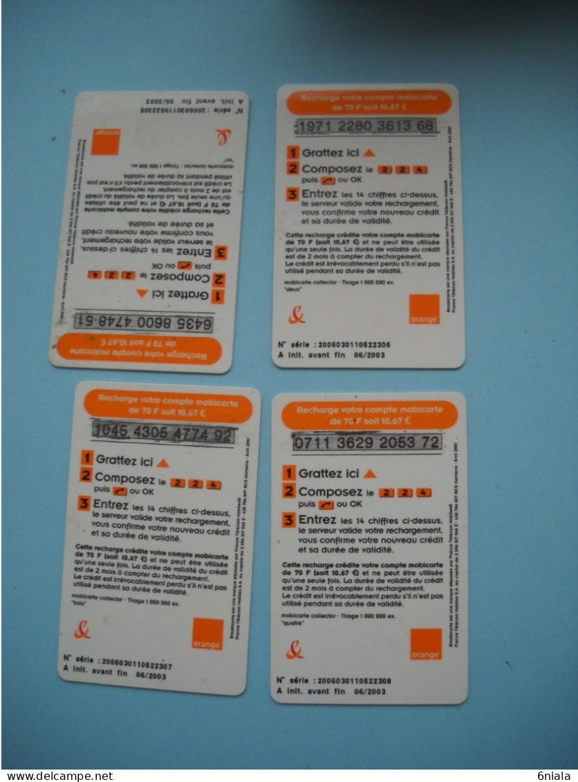 7675 Lot De 4 Télécartes  MOBICARTE RECHARGE 70 ORANGE  UN DEUX TROIS QUATRE  ( 2 Scans)  Carte Téléphonique - Mobicartes