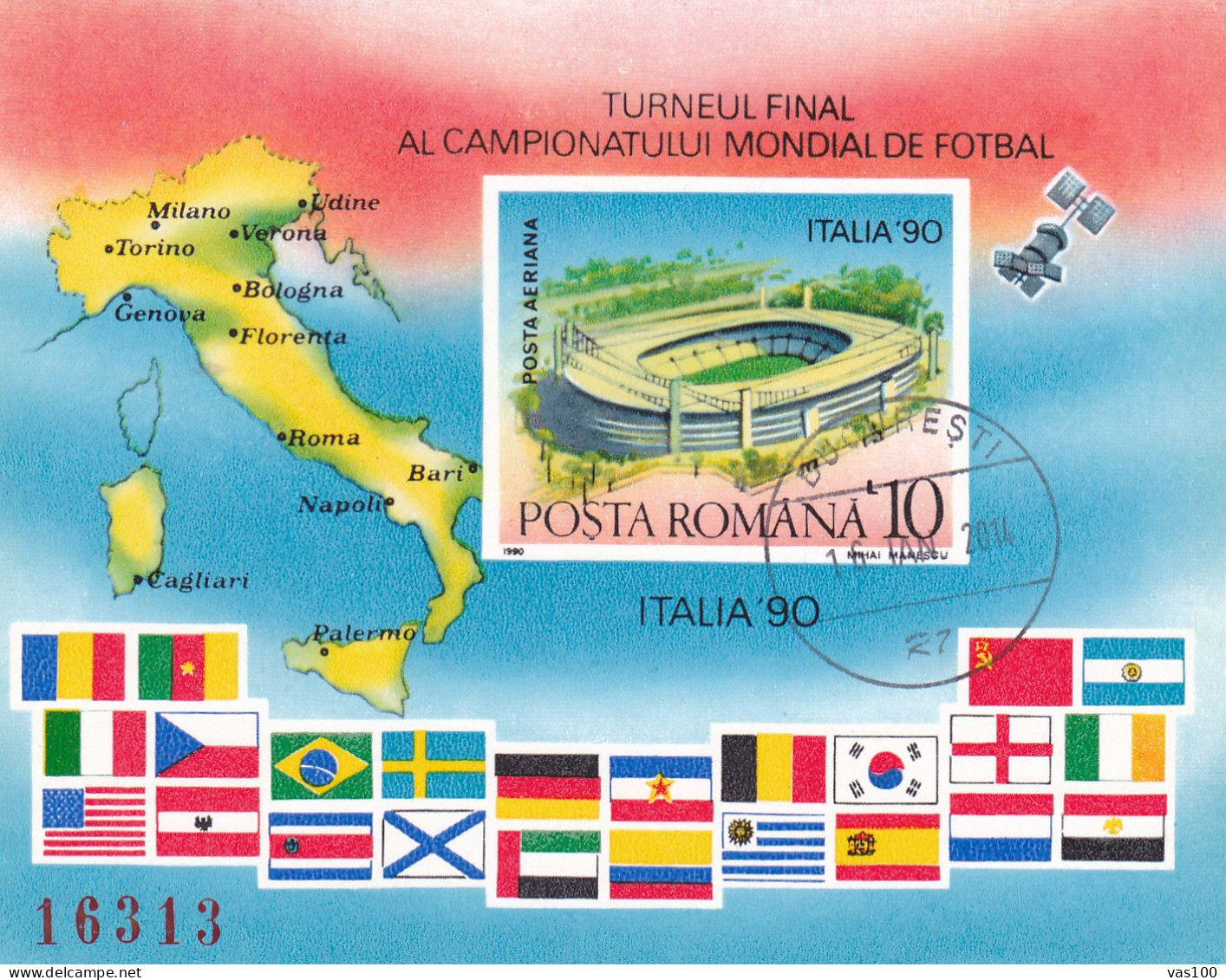 Romania 1990 Football Italia World Cup Mi#Block 262 Used,History - Sport - Transport - Various - Flags - Football, Space - Oblitérés