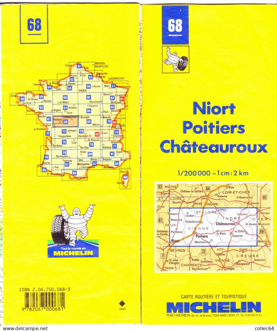 Carte Michelin N°68 -  NIORT - Poitiers - CHATEAUROUX (1989) - Cartes Routières