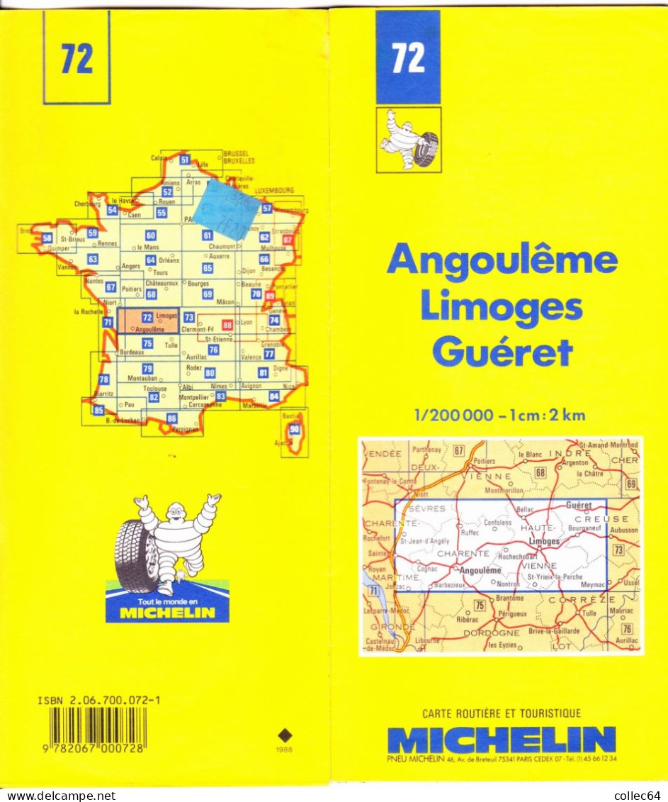 Carte Michelin N°72 -  ANGOULEME - Limoges - GUERET (1987) - Cartes Routières