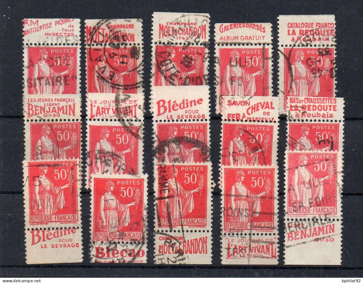 !!! 50C TYPE PAIX : LOT DE 15 TIMBRES PUBS TOUS DIFFERENTS - Used Stamps