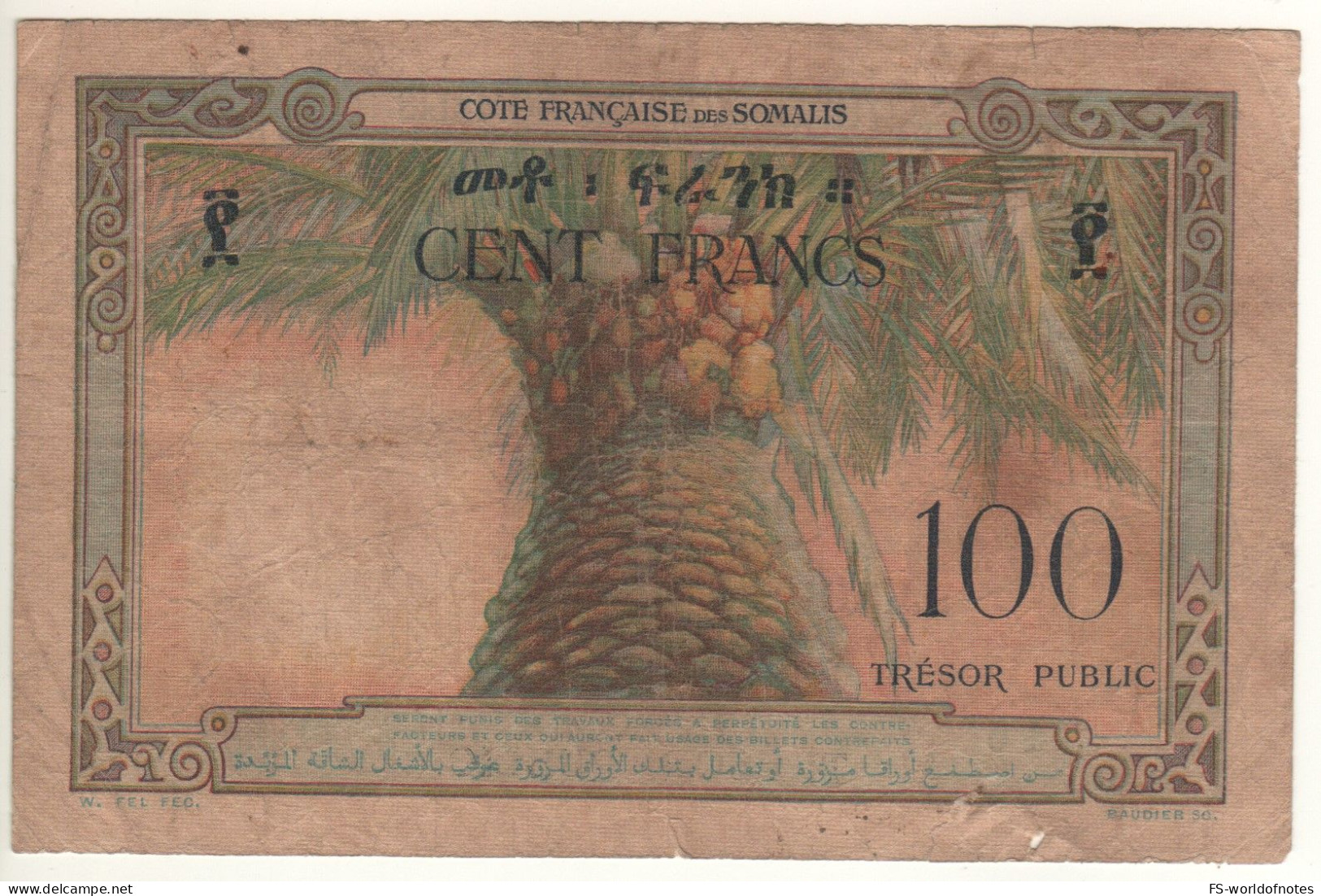 DJIBOUTI  "FRENCH Somaliland"  100 Francs  P26  (ND 1952     Corals + Palm Tree At Back) - Djibouti