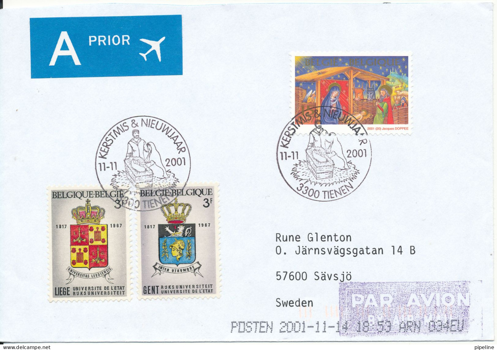 Belgium Cover Sent To Sweden Tienen 11-11-2001 Christmas Stamp And Other - Brieven En Documenten