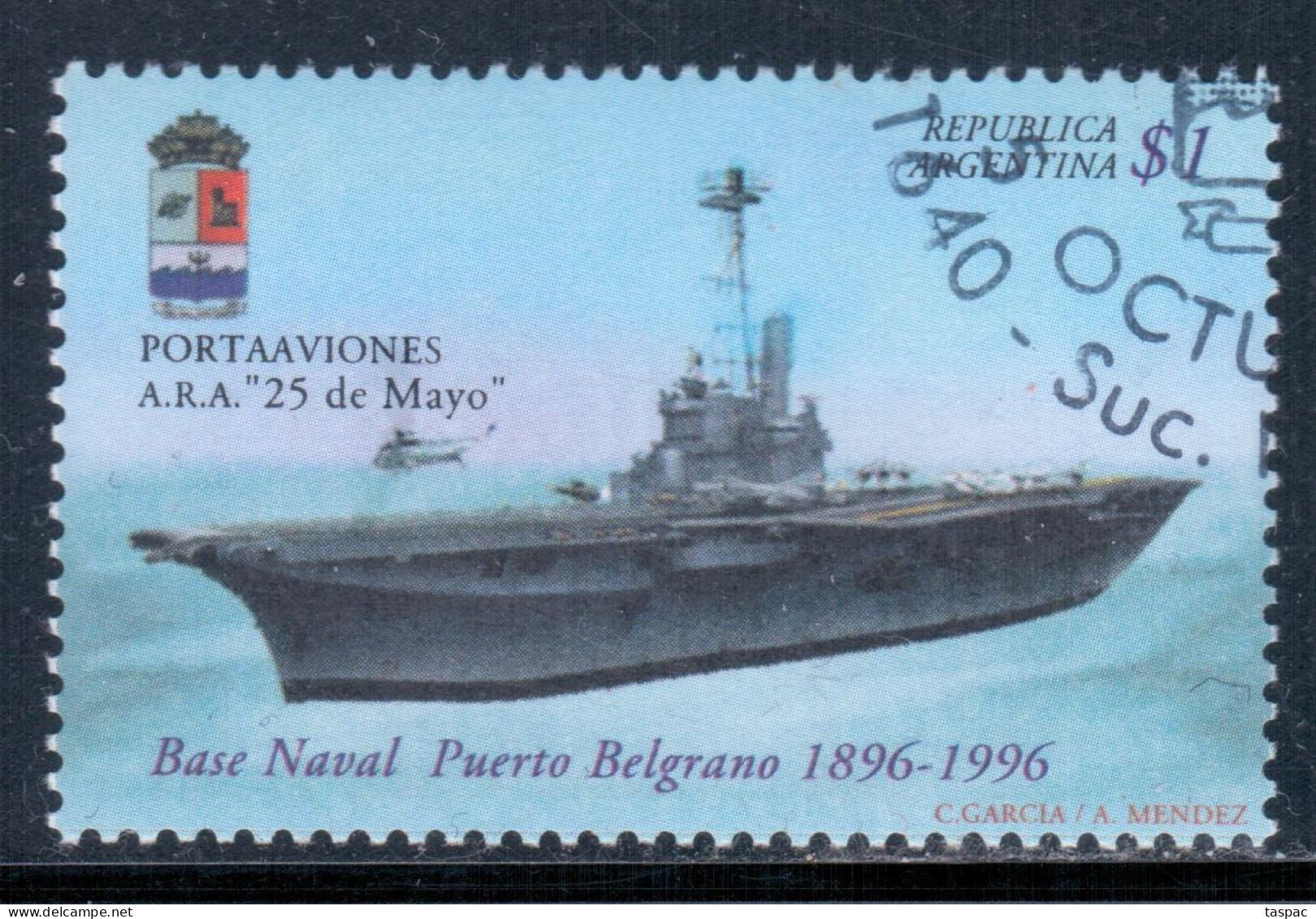 Argentina 1996 Mi# 2318 Used - Short Set - Port Belgrano Naval Base, Cent.  / Aircraft Carrier, "25th Of May" - Gebraucht