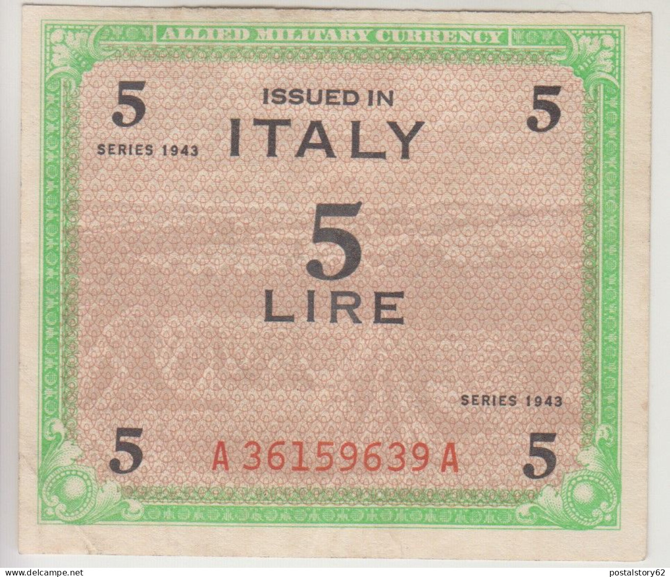 Italy Allied Military Currency. Banconota Da 5 Lire Occupazione Alleata  1943 - Occupation Alliés Seconde Guerre Mondiale