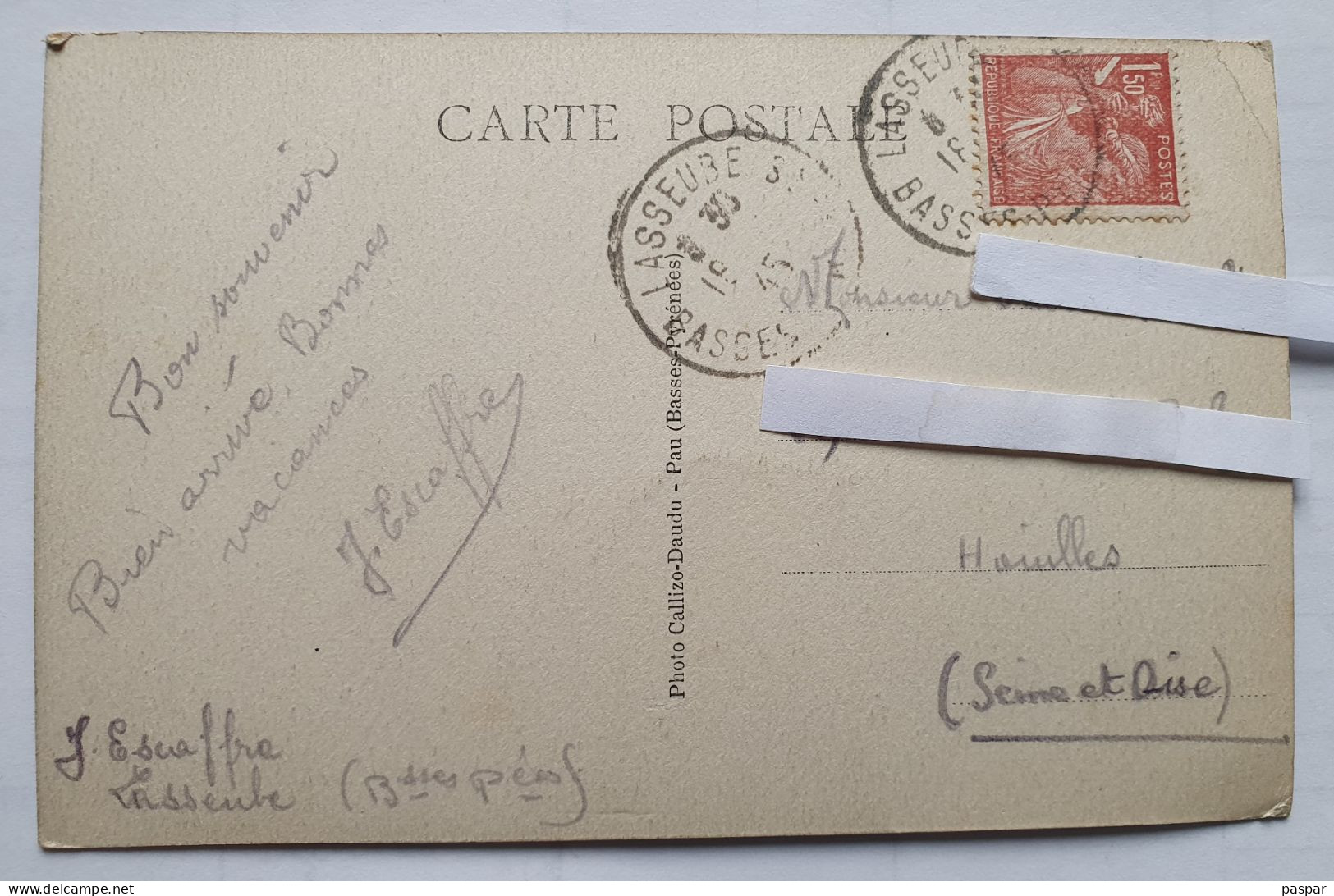 Lasseube Rue Principale Vue Du Bas - Photo Callizo Daudu - Circulée 1945 - Cachet Postal Lasseube - Lasseube