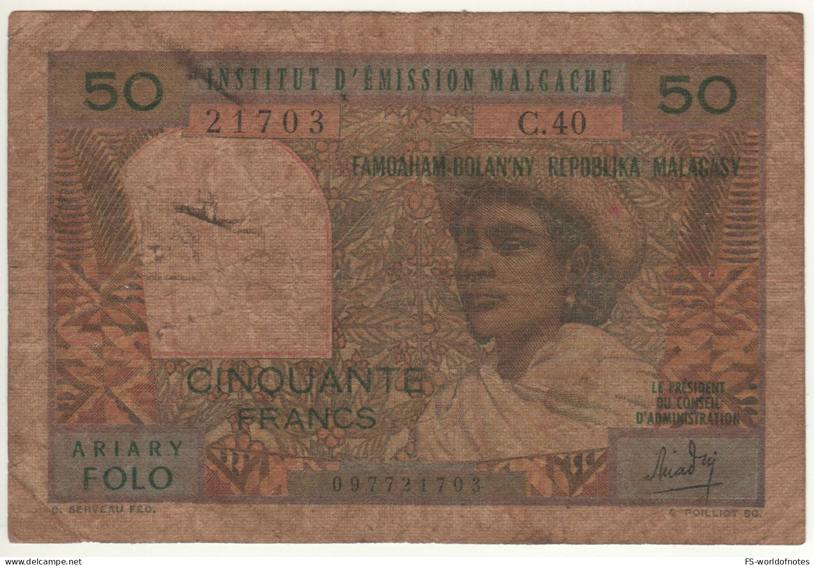 MADAGASCAR   50 Francs = 10 Ariary    P61    (ND 1969 ) - Madagaskar