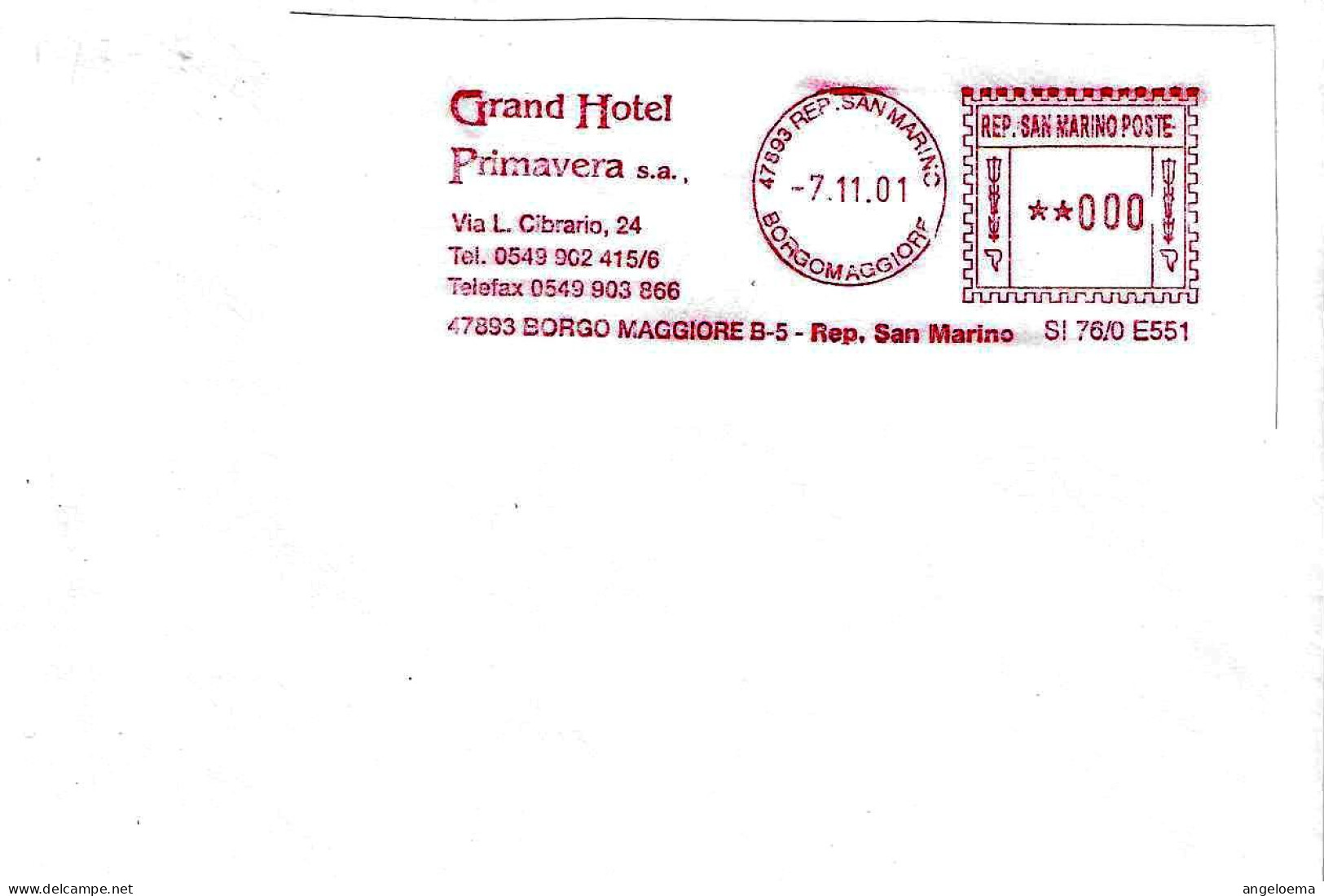 SAN MARINO - 2001 GRAND HOTEL PRIMAVERA - Ema Affrancatura Meccanica Rossa Red Meter Su Busta Non Viaggiata - 1980 - Briefe U. Dokumente