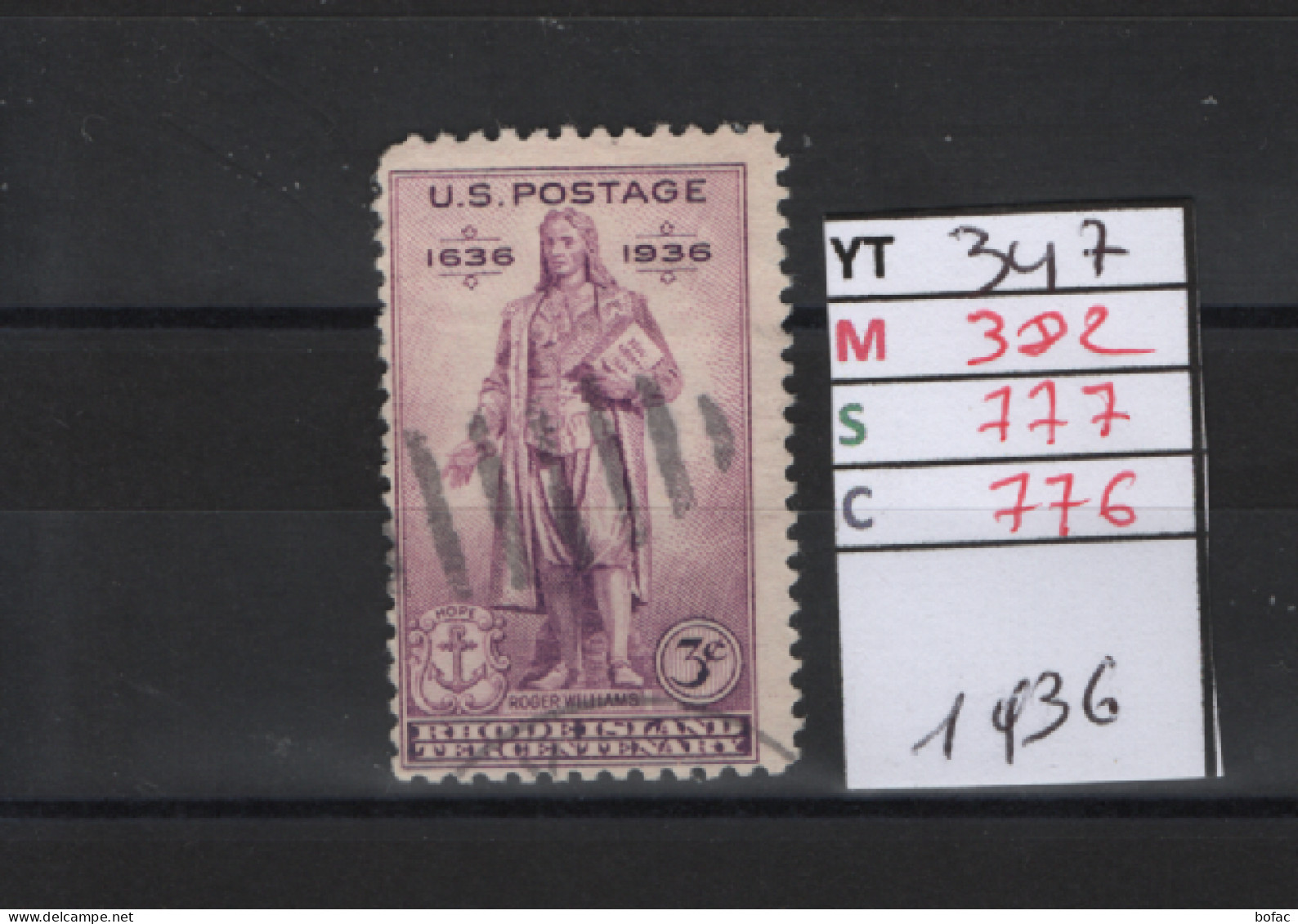 PRIX FIXE Obl 347 YT 382 MIC 777 SCO 776 GIB Roger Williams 1936 Etats Unis 58A/01 - Used Stamps