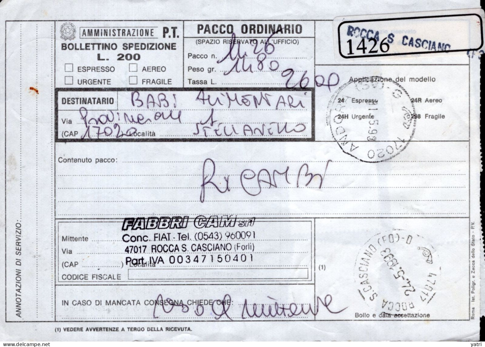 Italia (1993) - Bollettino Pacchi Da Rocca San Casciano (FC) Per Stellanello (SV) - (ricambi) - Postal Parcels