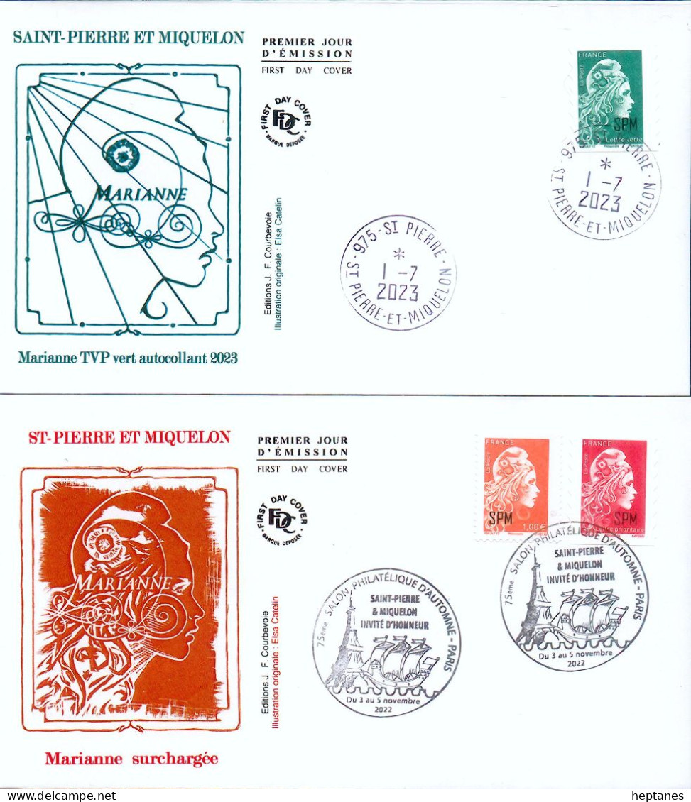 St Pierre Miquelon FDC Marianne Engagée De Carnet Adhésif Surchargée SPM - Verte 2023 Et Rouge 2022 ( Rare ) +1 € Orange - FDC