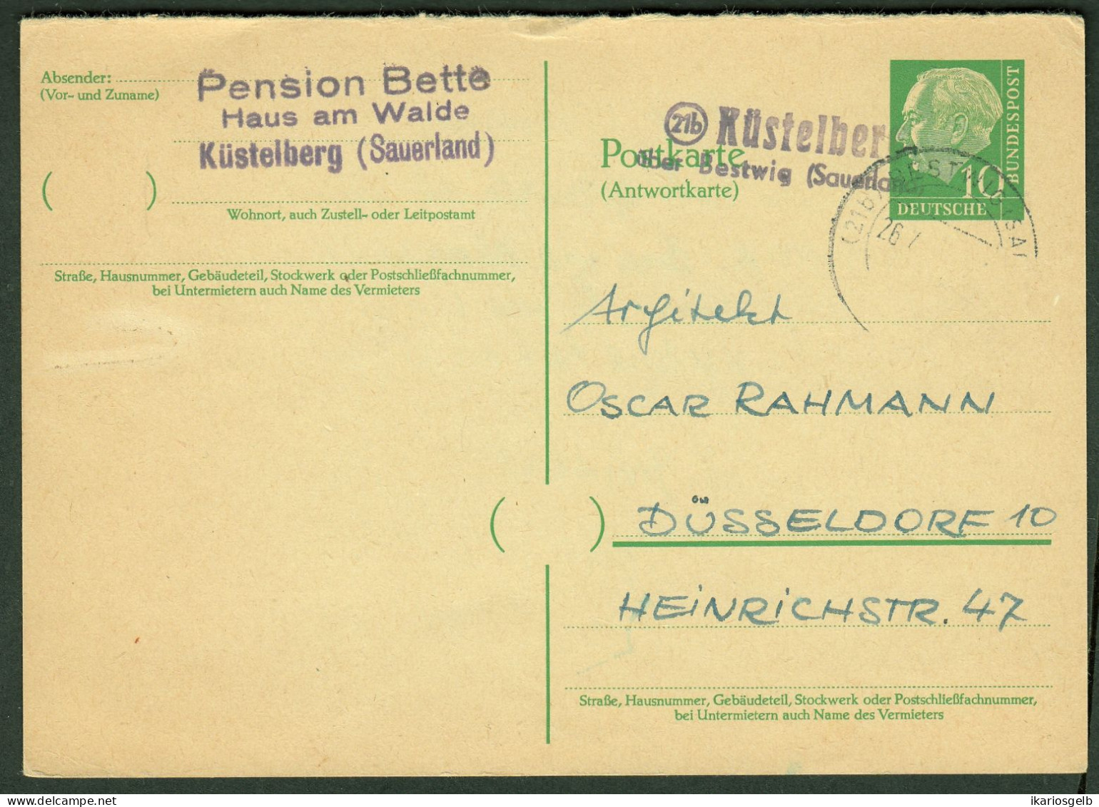 21b KÜSTELBERG über BESTWIG 1958 LANDPOSTSTEMPEL Blau Antwort-GANZSACHE 10Pf-HeußI Heimatbeleg > Düsseldorf - Cartes Postales - Oblitérées