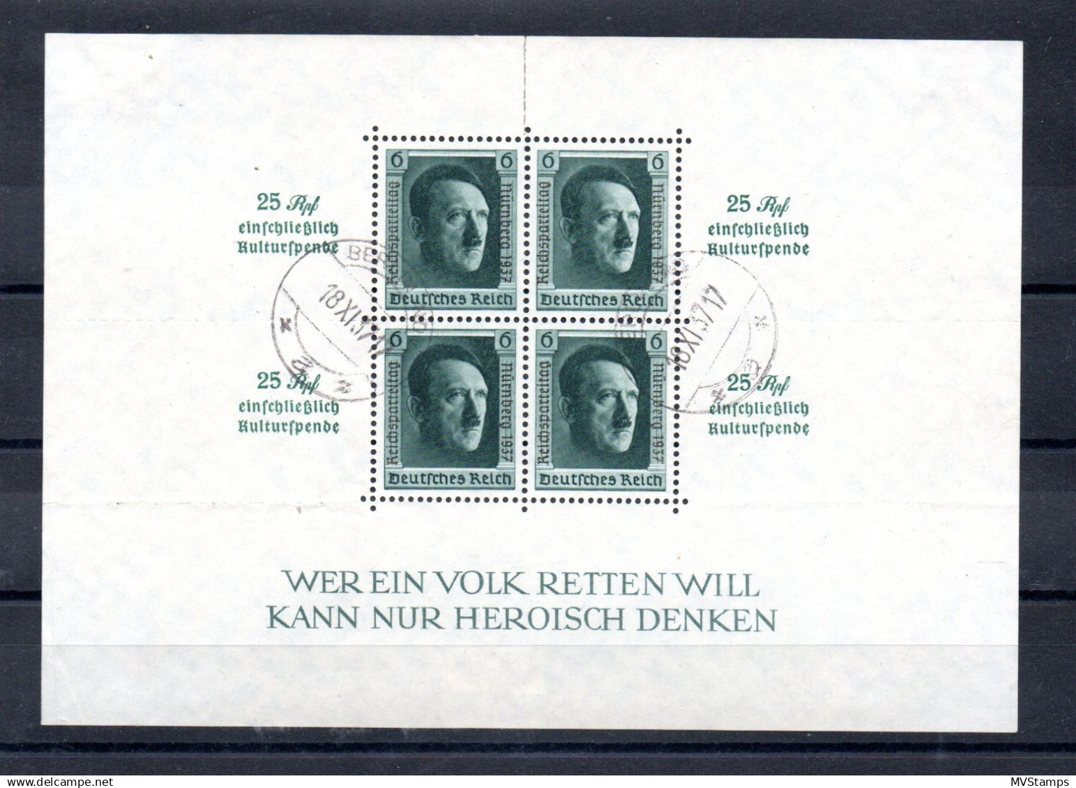 Germany 1937 Sheet Definitive Hitler/Nurnburg Overprint Stamps (Michel Block 11) Used, Right Under A Bit Thinn - Blokken