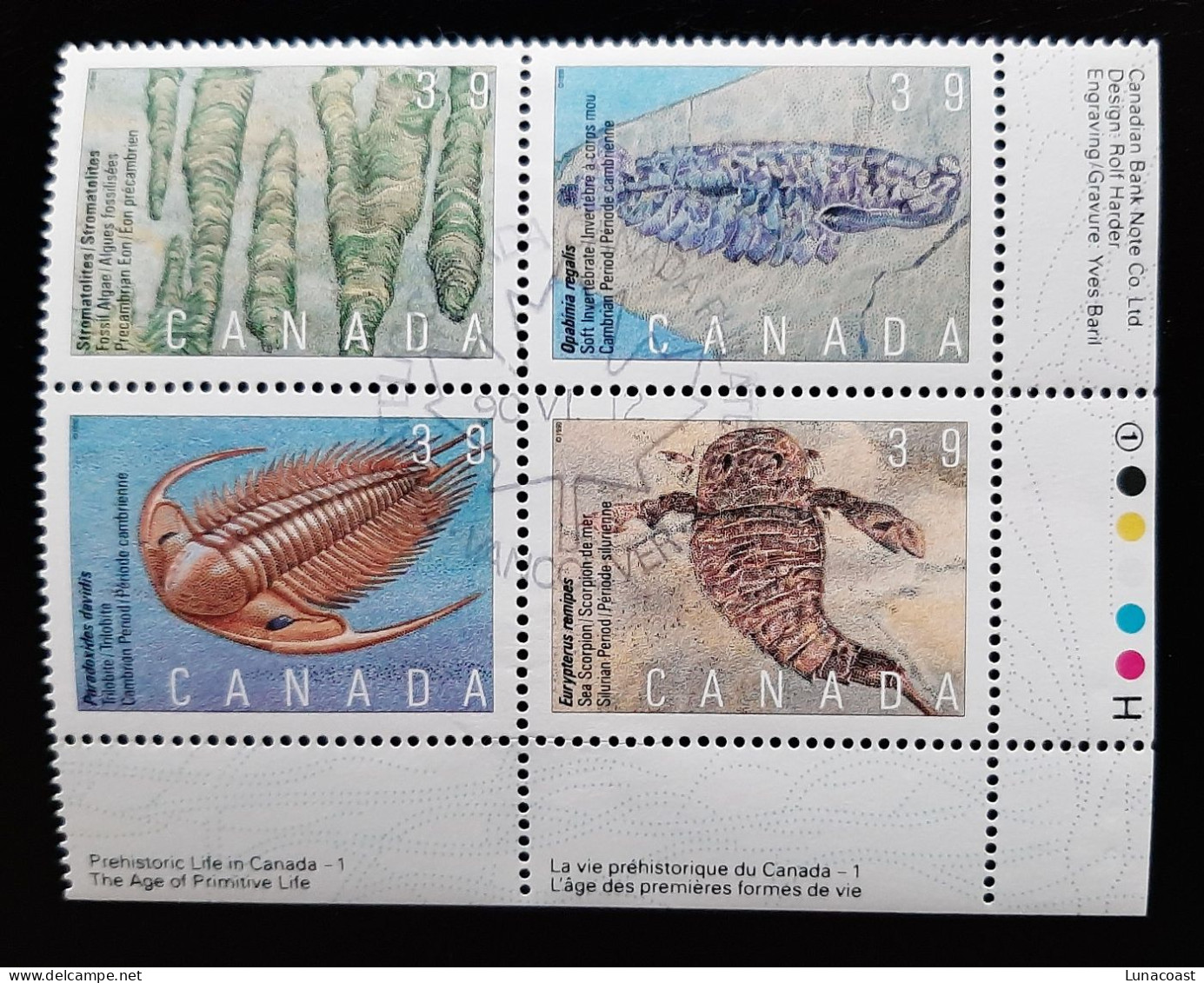 Canada 1990  USED  Sc1282a    Plate Block Of 4 X 39c Prehistoric Life - Oblitérés