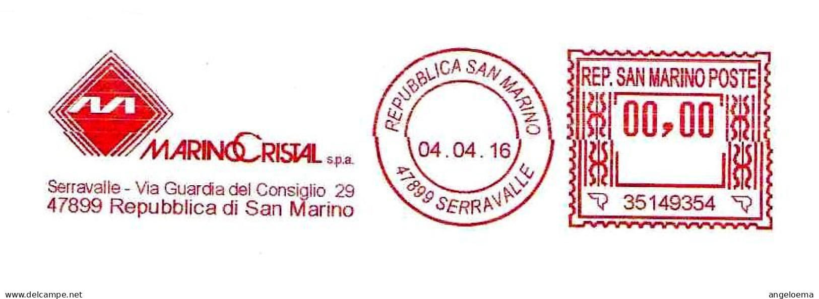 SAN MARINO - 2016 MARINO CRISTAL - Ema Affrancatura Meccanica Rossa Red Meter Su Busta Non Viaggiata - 1985 - Lettres & Documents