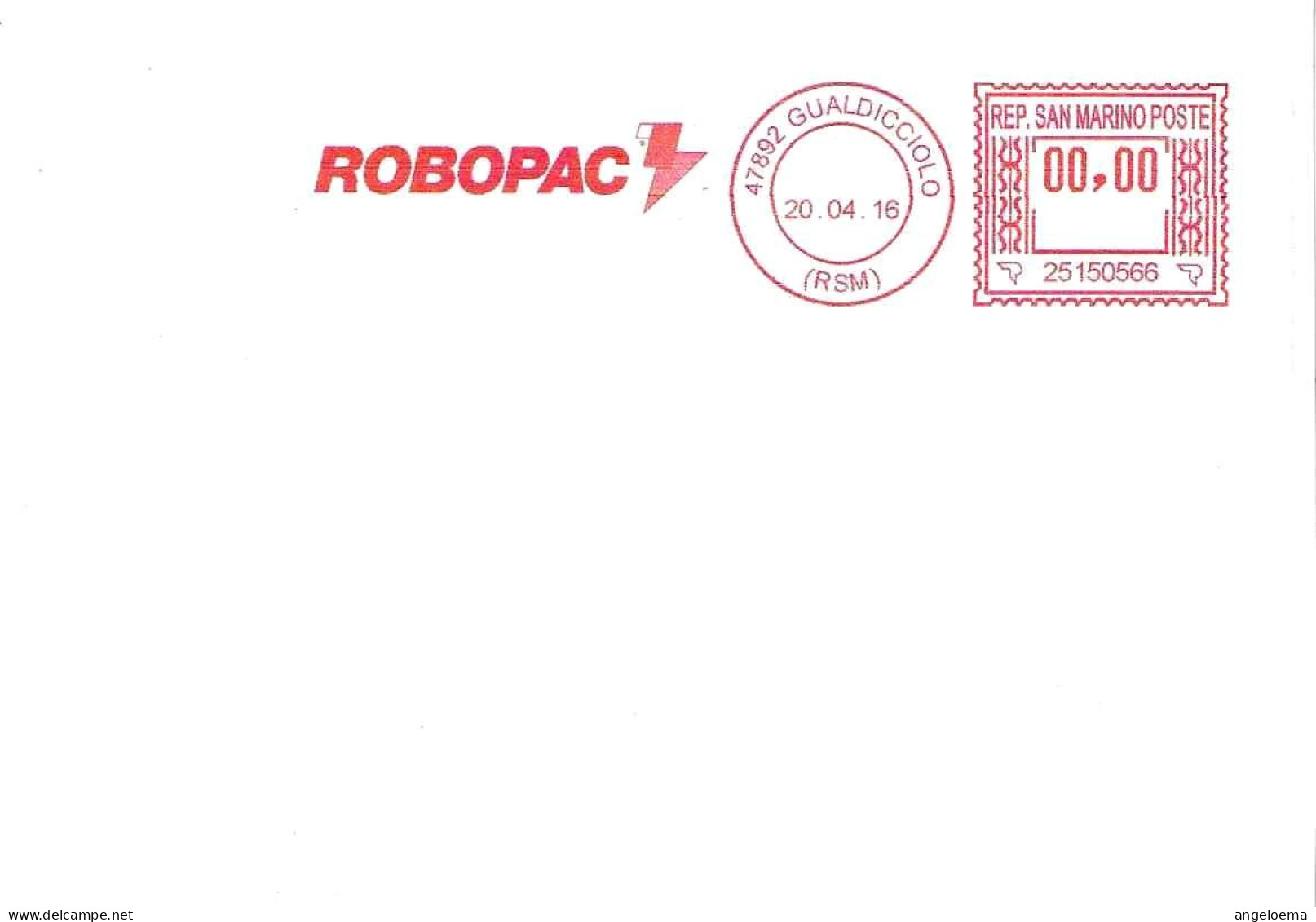 SAN MARINO - 2016 ROBOPAC - Ema Affrancatura Meccanica Rossa Red Meter Su Busta Non Viaggiata - 1991 - Storia Postale