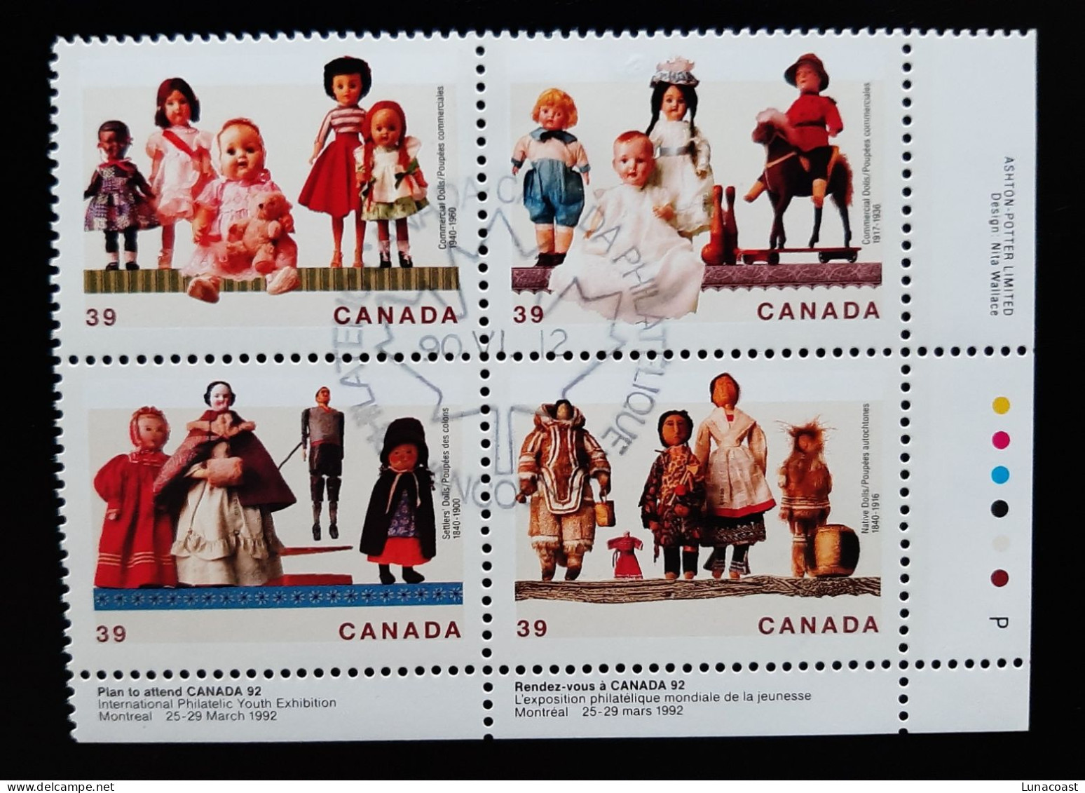 Canada 1990  USED  Sc1277a    Plate Block Of 4 X 39c Dolls - Oblitérés