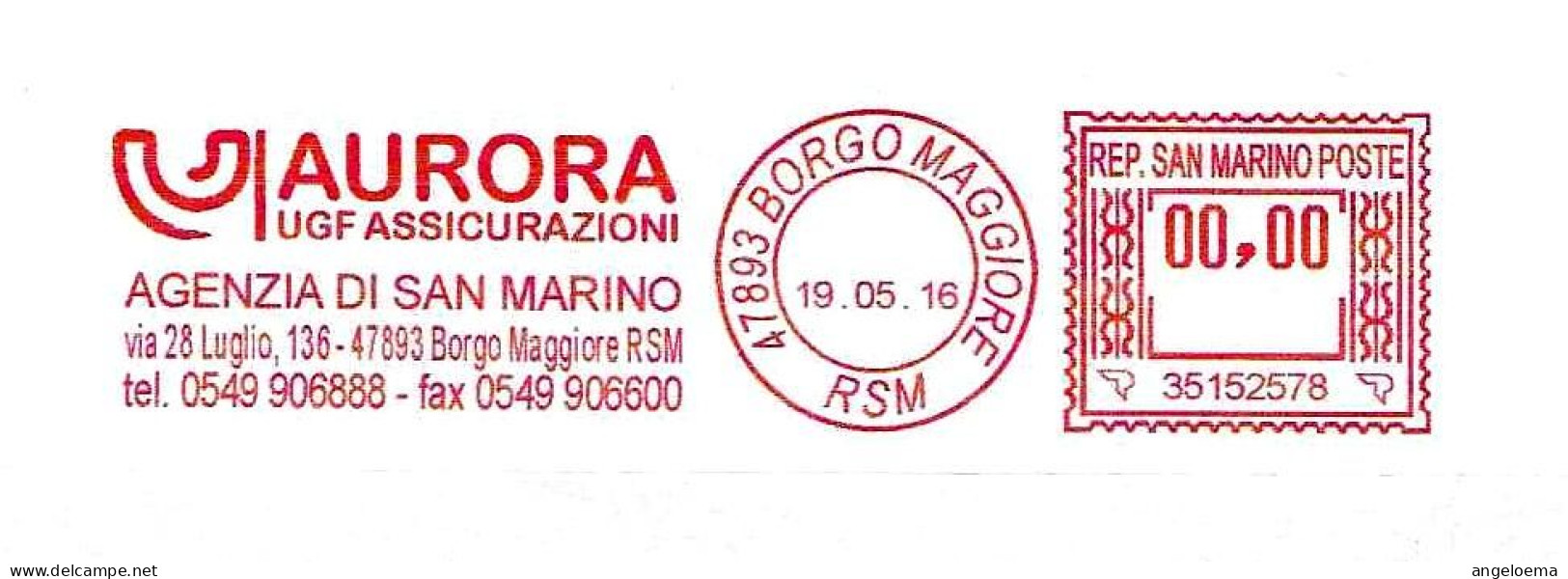 SAN MARINO - 2016 AURORA ASSICURAZIONI - Ema Affrancatura Meccanica Rossa Red Meter Su Busta Non Viaggiata - 1996 - Brieven En Documenten