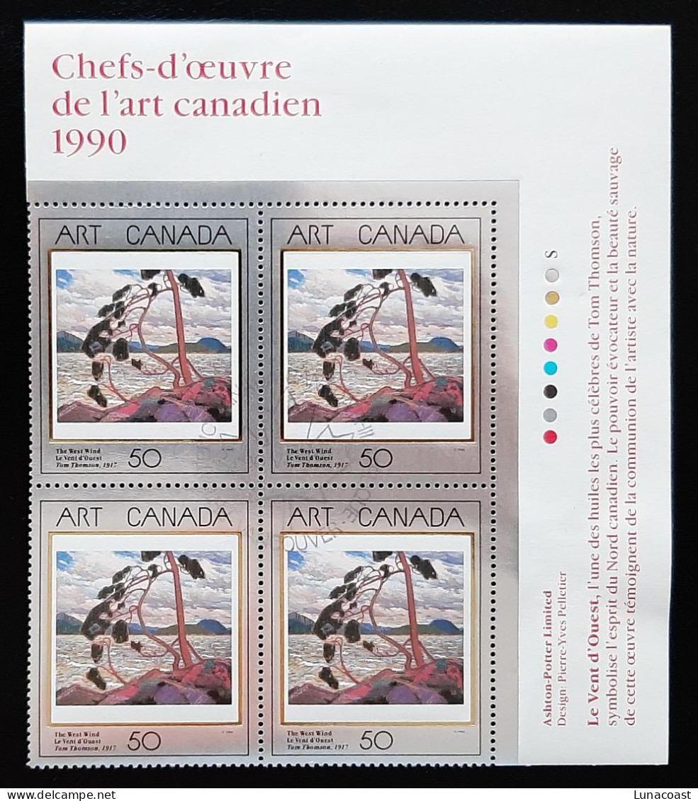 Canada 1990  USED  Sc1271   Plate Block 4 X 50c, Masterpieces Of Art, The West Wind - Gebruikt