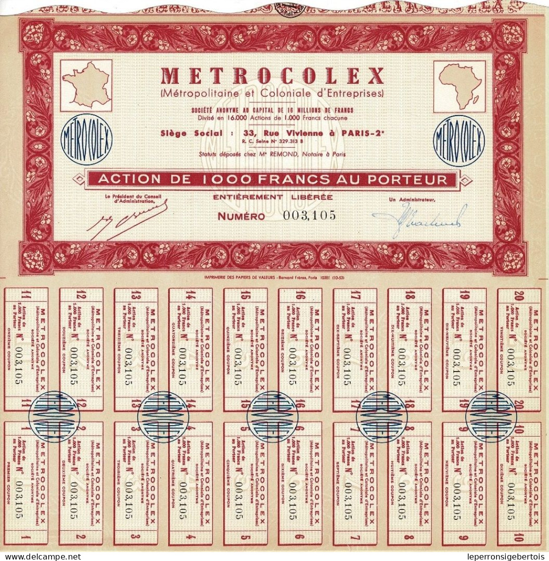 Titre De 1953 - METROCOLEX - - Africa