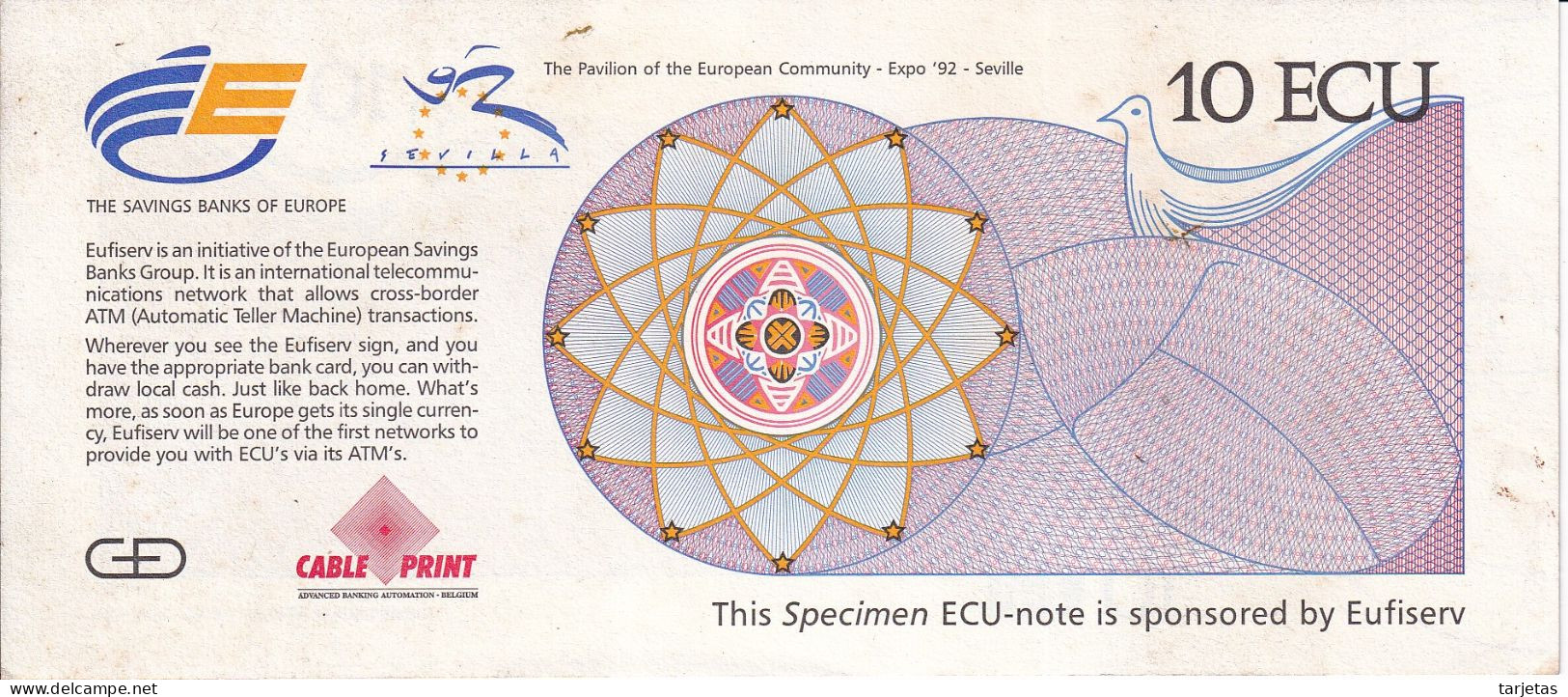 SPECIMEN - BILLETE DE 10 ECU DE LA EXPO SEVILLA 92 - PABELLON DE LA COMUNIDAD EUROPEA - [ 8] Ficticios & Especimenes