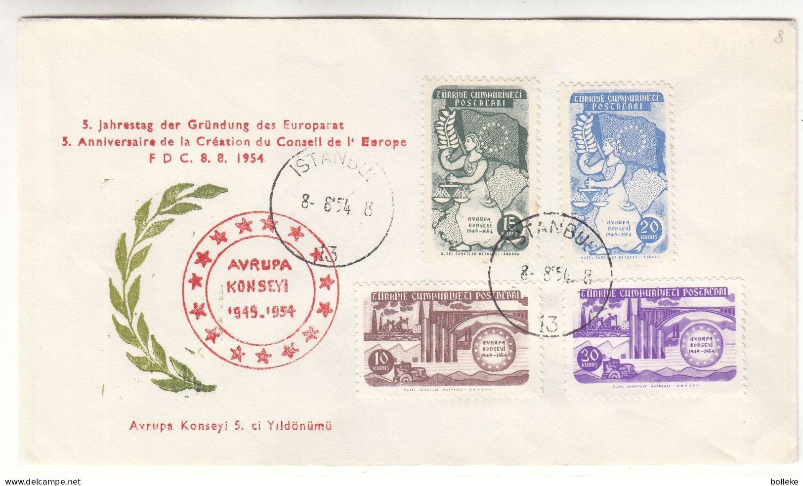 Idées Européennes - Turquie - Lettre FDC De 1954 - Oblit Istanbul - Très Rare - Valeur 450 Euros - Brieven En Documenten