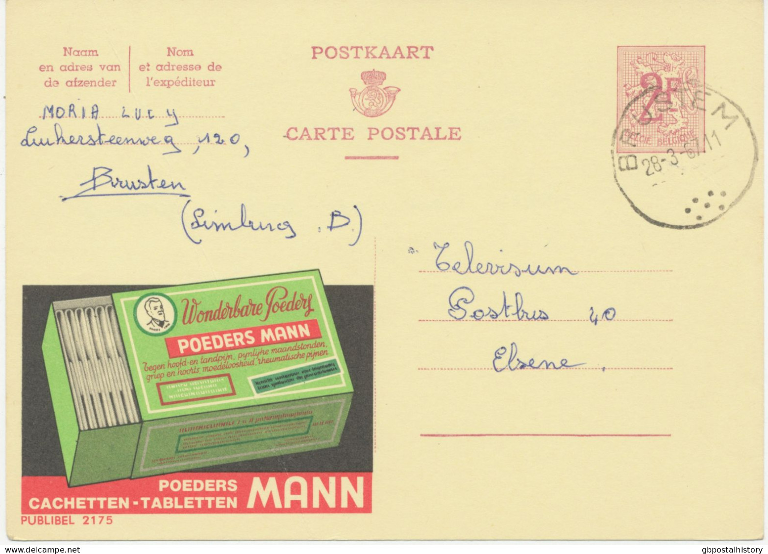 BELGIUM VILLAGE POSTMARKS  BRUSTEM (now Sint-Truiden) SC With Dots 1967 (Postal Stationery 2 F, PUBLIBEL 2175) - Postmarks - Points