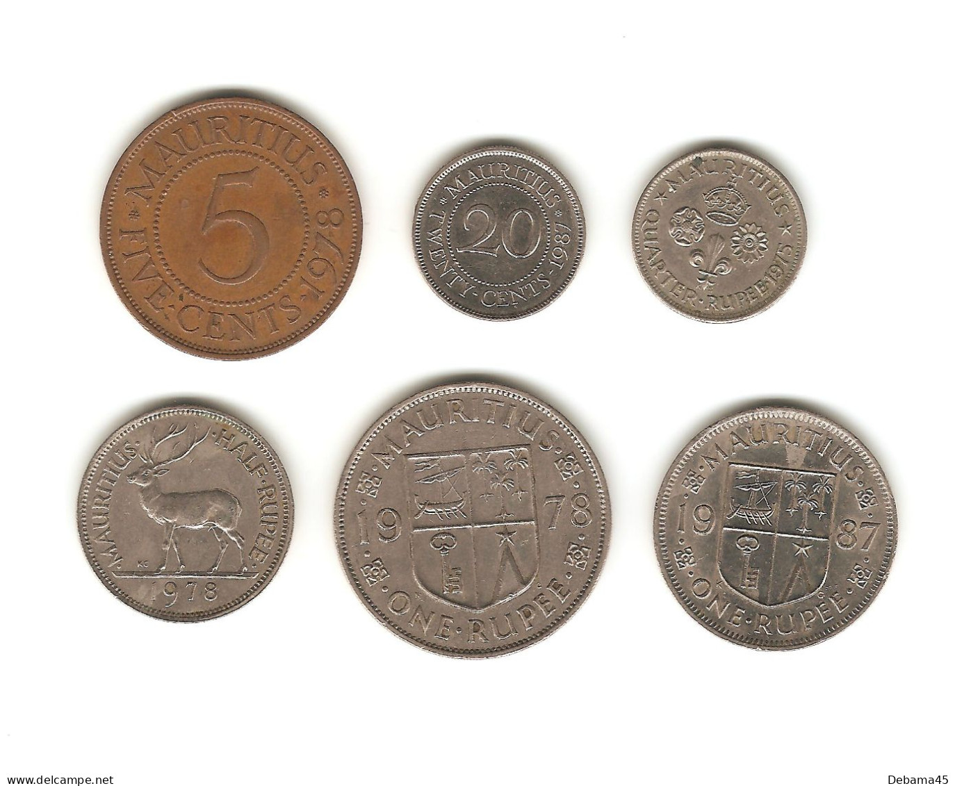 296/ Ile Maurice : 5 Cents 1978 - 20 Cents 1987 - 1/4 Roupie 1975 - 1/2 Roupie 1978 - 1 Rupee 1978 Et 1987 - Mauricio